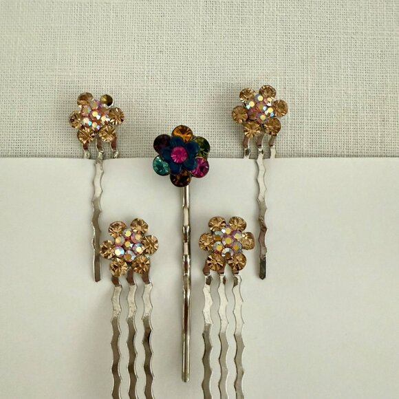 Rhinestone Flower Hair Jewelry Pins Set of 5 Multicolor Gold Floral Accessories - Picture 4 of 8